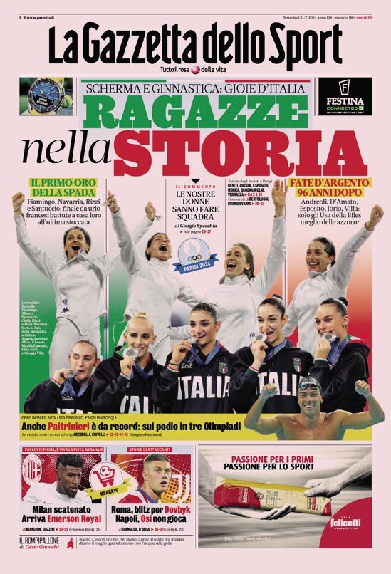 Gazzetta dello Sport prima pagina: Edizione di Oggi, Mercoledì 31 Luglio 2024