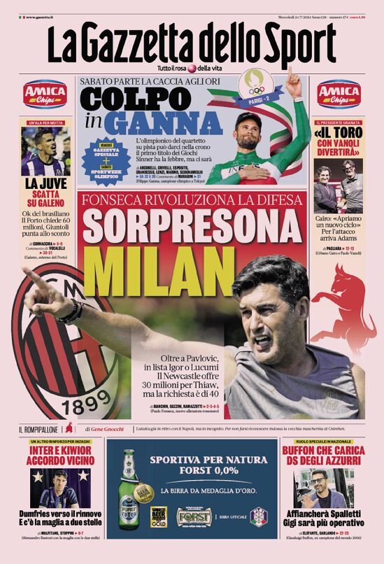 Gazzetta dello Sport prima pagina 
            Edizione di Oggi, Mercoledì 24 Luglio 2024