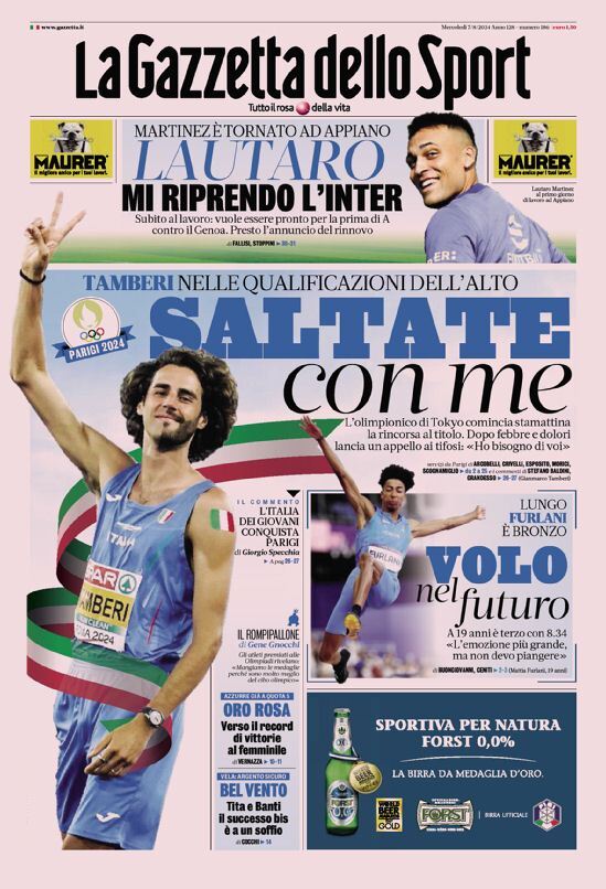 La Gazzetta dello Sport Prima Pagina: Edizione di Oggi, Mercoledì 07 Agosto 2024