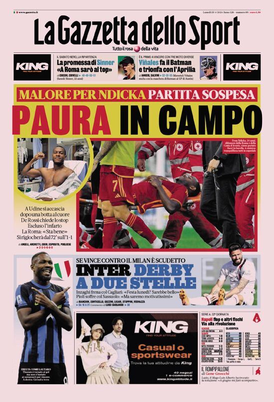 Gazzetta dello Sport prima pagina 
            Edizione di Oggi, Lunedì 15 Aprile 2024