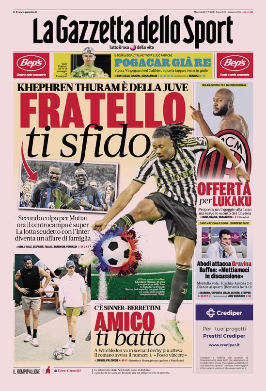 Gazzetta dello Sport: Prima Pagina di Oggi, Mercoledì 03 Luglio 2024