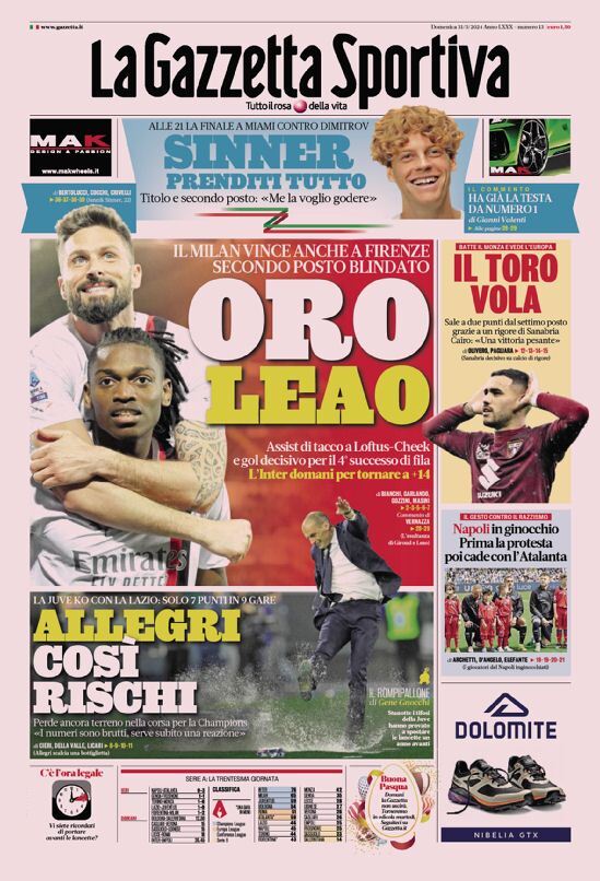 Gazzetta dello Sport prima pagina 
            Edizione di Oggi, Domenica 31 Marzo 2024