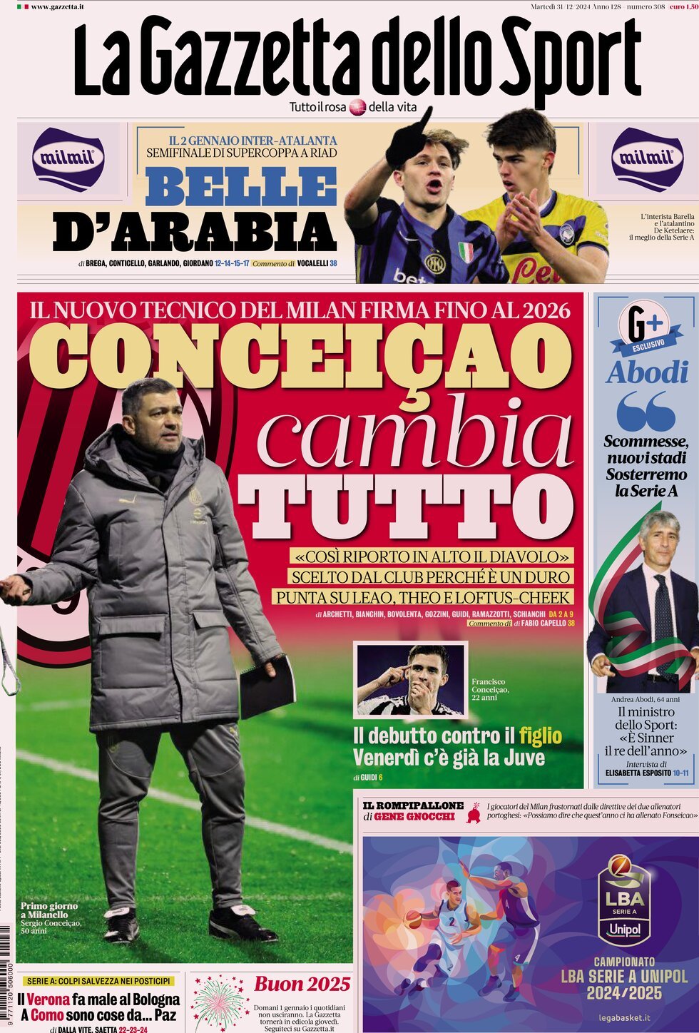 Gazzetta dello Sport prima pagina 
            Edizione di Ieri, Martedì 31 Dicembre 2024