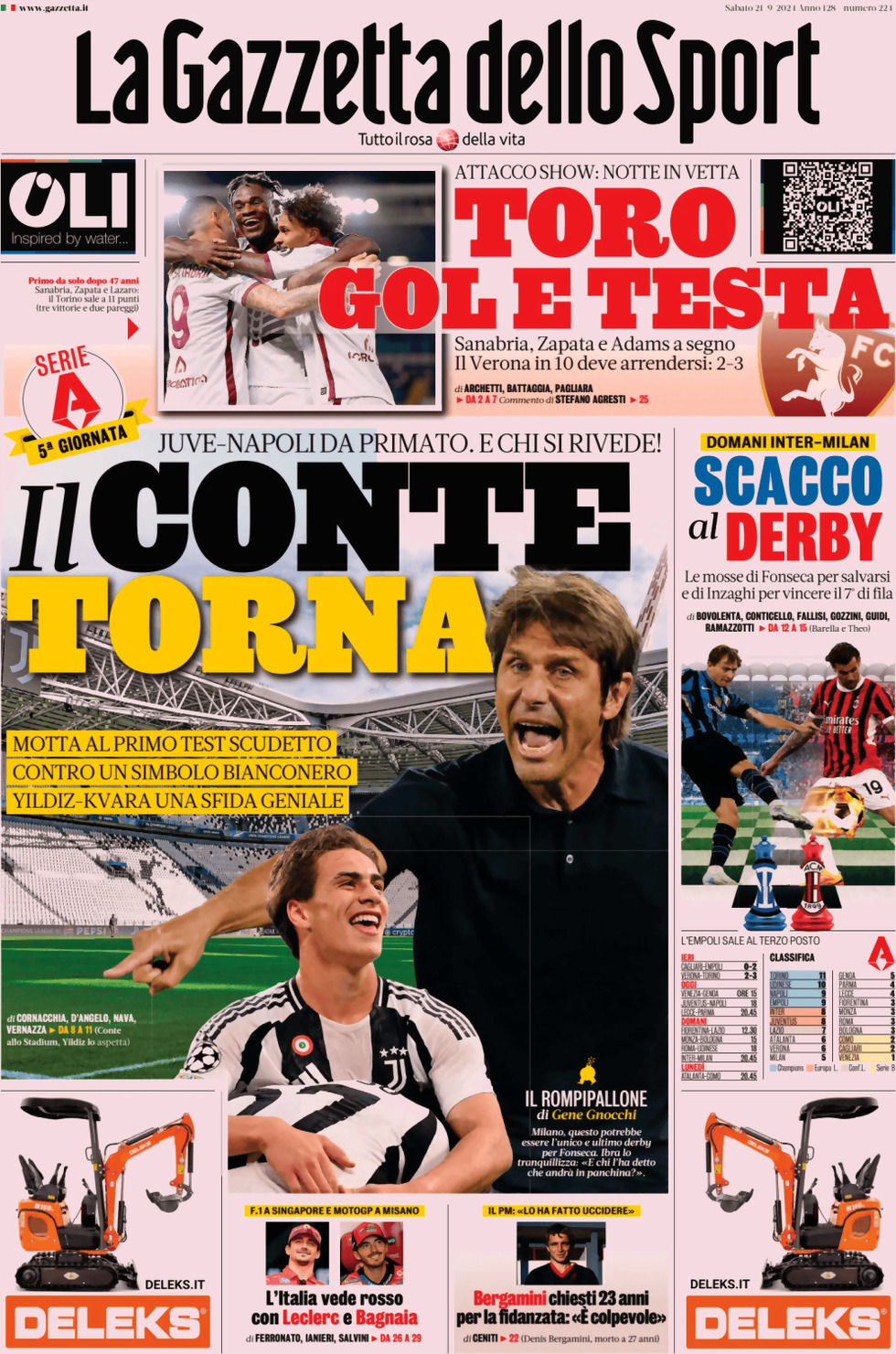 Gazzetta dello Sport prima pagina 
            Edizione di Oggi, Sabato 21 Settembre 2024