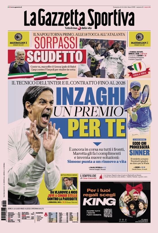 Gazzetta dello Sport prima pagina 
            Edizione di Oggi, Domenica 22 Dicembre 2024