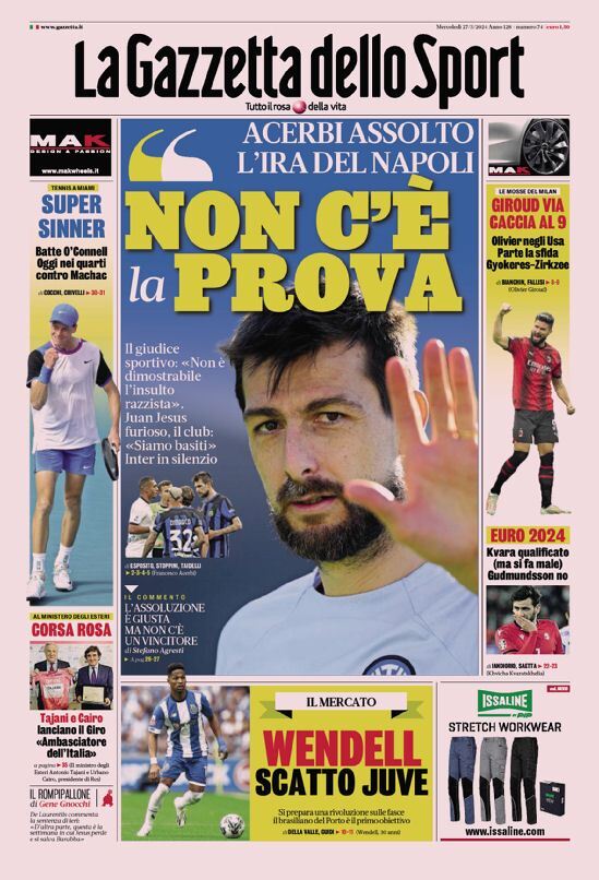 Gazzetta dello Sport prima pagina 
            Edizione di Oggi, Mercoledì 27 Marzo 2024