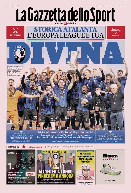 Gazzetta dello Sport prima pagina 
            Edizione di Oggi, Giovedì 23 Maggio 2024