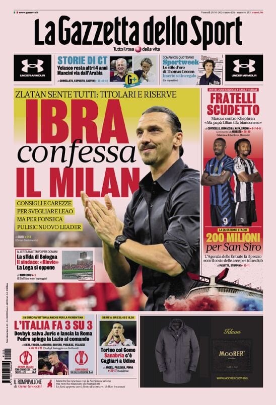 Gazzetta dello Sport prima pagina 
            Edizione di Oggi, Venerdì 25 Ottobre 2024