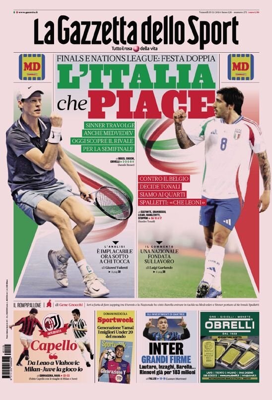 Gazzetta dello Sport prima pagina 
            Edizione di Oggi, Venerdì 15 Novembre 2024