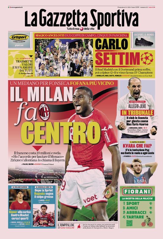 Gazzetta dello Sport prima pagina 
            Edizione di Oggi, Domenica 02 Giugno 2024