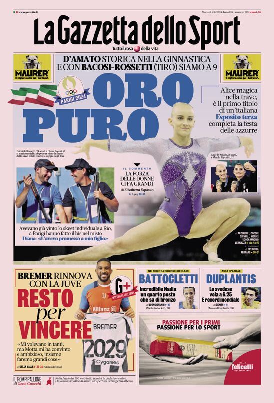 Gazzetta dello Sport Prima Pagina – Edizione di Oggi, Martedì 06 Agosto 2024