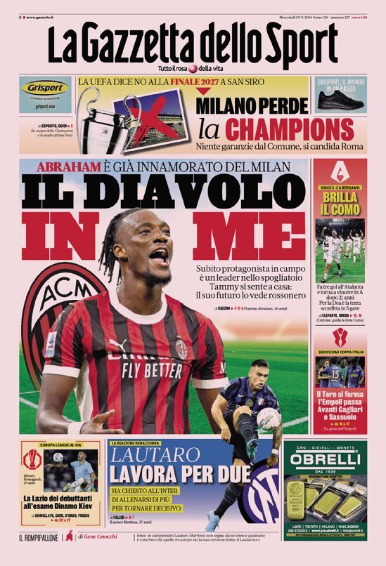 Gazzetta dello Sport prima pagina 
            Edizione di Oggi, Mercoledì 25 Settembre 2024