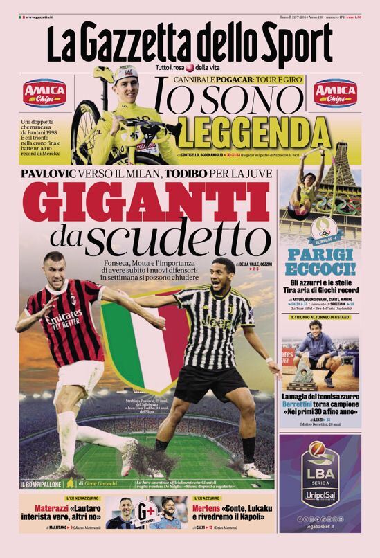 Gazzetta dello Sport: Prima Pagina di Oggi, Lunedì 22 Luglio 2024