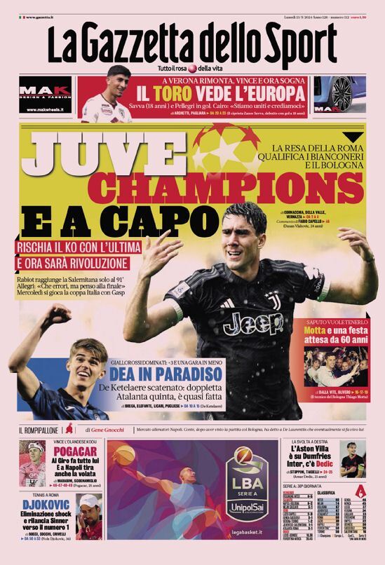 Gazzetta dello Sport prima pagina 
            Edizione di Oggi, Lunedì 13 Maggio 2024