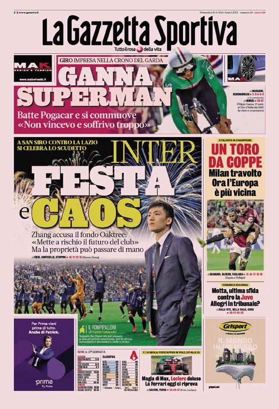 Gazzetta dello Sport prima pagina 
            Edizione di Oggi, Domenica 19 Maggio 2024