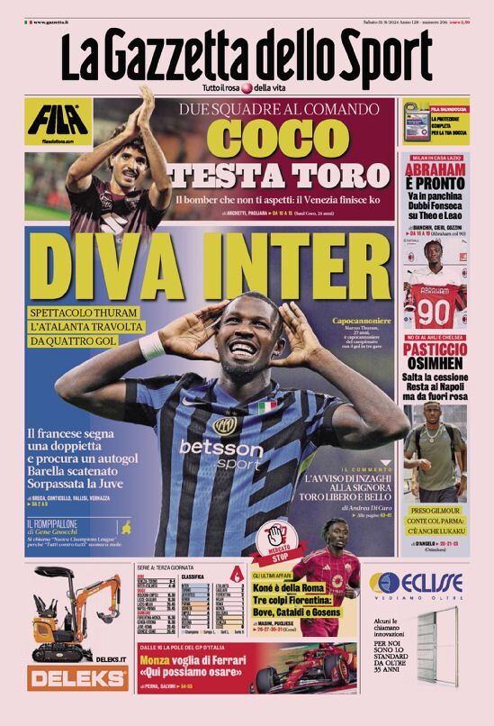 Gazzetta dello Sport prima pagina 
            Edizione di Oggi, Sabato 31 Agosto 2024