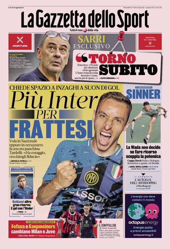 Gazzetta dello Sport prima pagina 
            Edizione di Oggi, Mercoledì 11 Settembre 2024