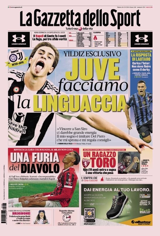 Gazzetta dello Sport prima pagina 
            Edizione di Oggi, Sabato 26 Ottobre 2024