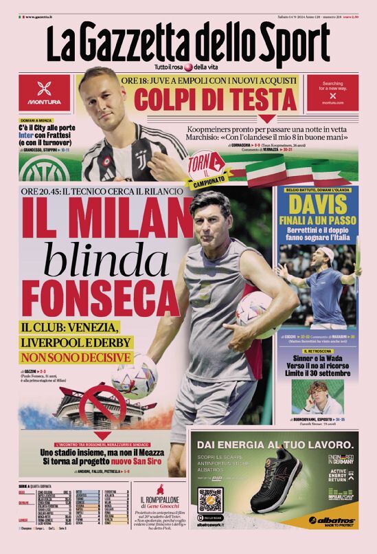 Gazzetta dello Sport prima pagina 
            Edizione di Oggi, Sabato 14 Settembre 2024