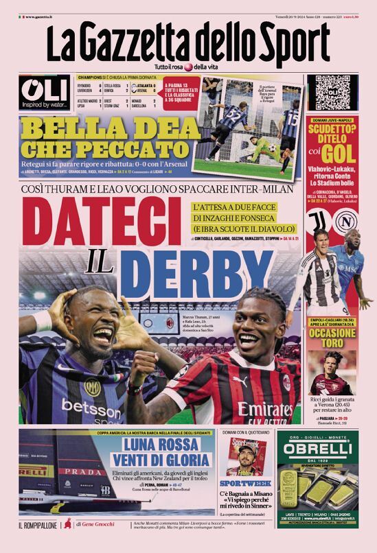 Gazzetta dello Sport prima pagina 
            Edizione di Oggi, Venerdì 20 Settembre 2024