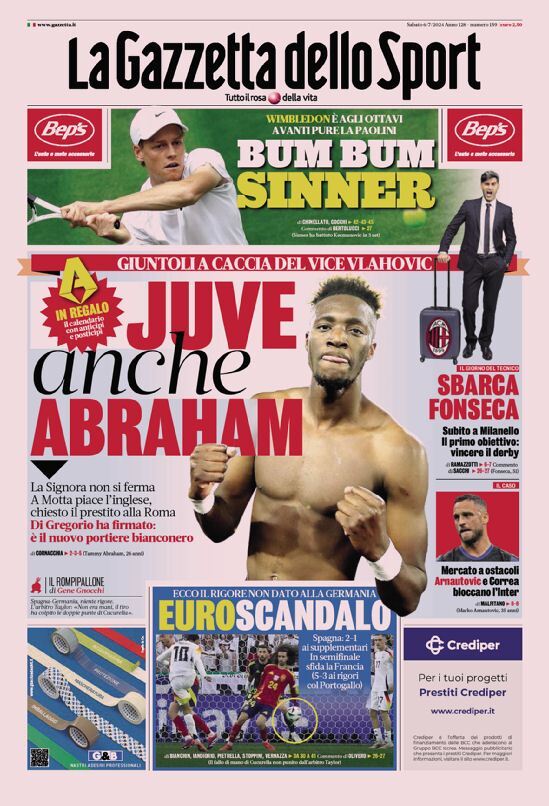 La Gazzetta dello Sport Prima Pagina: Edizione di Oggi, Sabato 06 Luglio 2024