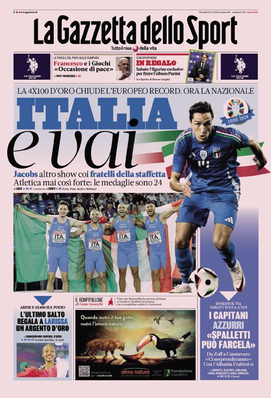 Gazzetta dello Sport: Prima Pagina di Oggi, Giovedì 13 Giugno 2024