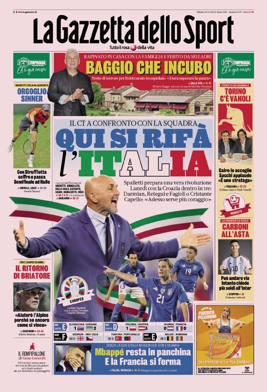 Gazzetta dello Sport Prima Pagina: Edizione di Oggi, Sabato 22 Giugno 2024