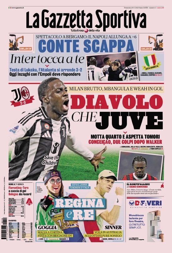 Gazzetta dello Sport prima pagina 
            Edizione di Oggi, Domenica 19 Gennaio 2025