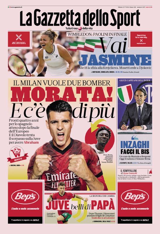 Gazzetta dello Sport Prima Pagina: Edizione di Oggi, Sabato 13 Luglio 2024