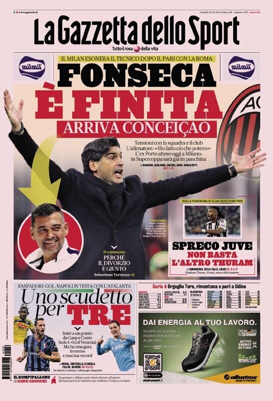 Gazzetta dello Sport prima pagina 
            Edizione di Oggi, Martedì 31 Dicembre 2024