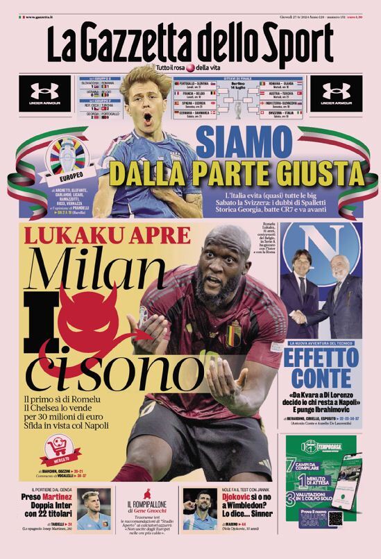 Gazzetta dello Sport Prima Pagina: Edizione di Giovedì 27 Giugno 2024