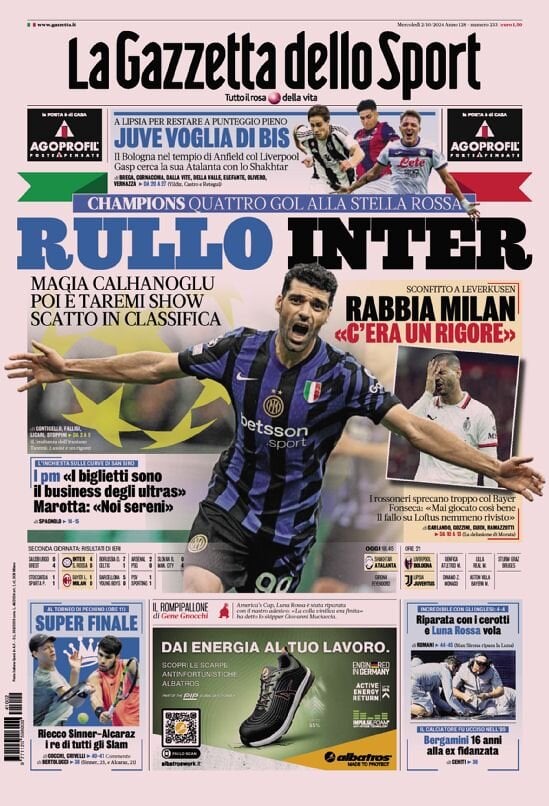 Gazzetta dello Sport prima pagina 
            Edizione di Oggi, Mercoledì 02 Ottobre 2024