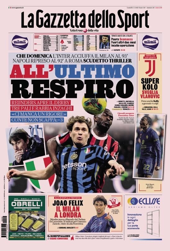 Gazzetta dello Sport prima pagina 
            Edizione di Oggi, Lunedì 03 Febbraio 2025