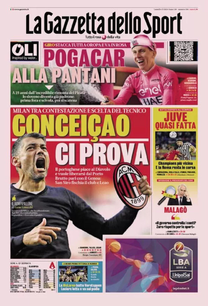 Gazzetta dello Sport prima pagina 
            Edizione di Oggi, Lunedì 06 Maggio 2024