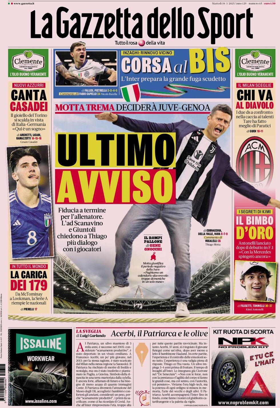 Gazzetta dello Sport prima pagina 
            Edizione di Ieri, Martedì 18 Marzo 2025