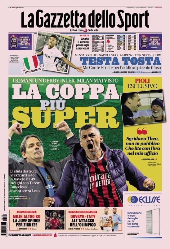 Gazzetta dello Sport prima pagina 
            Edizione di Oggi, Domenica 05 Gennaio 2025