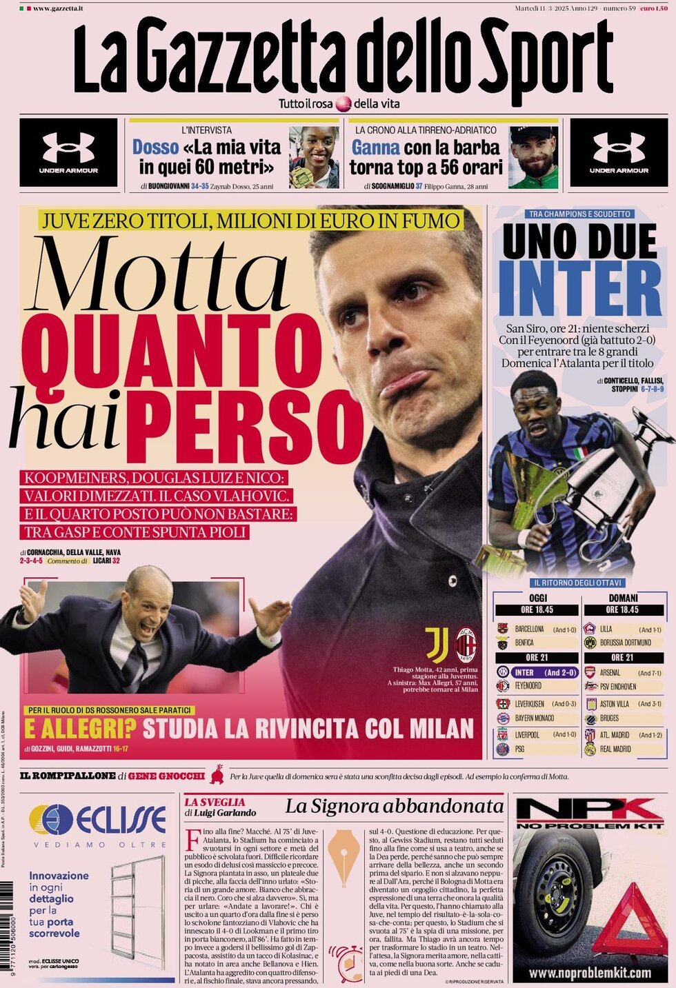 Gazzetta dello Sport prima pagina 
            Edizione di Ieri, Martedì 11 Marzo 2025