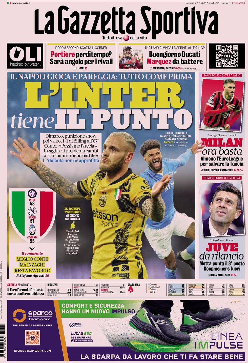 Gazzetta dello Sport prima pagina 
            Edizione di Ieri, Domenica 02 Marzo 2025