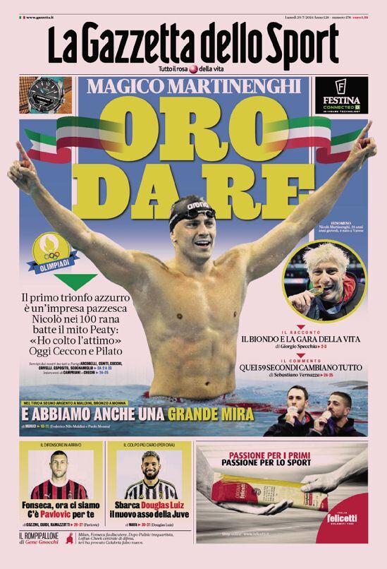 Gazzetta dello Sport Prima Pagina: Edizione di Oggi, Lunedì 29 Luglio 2024