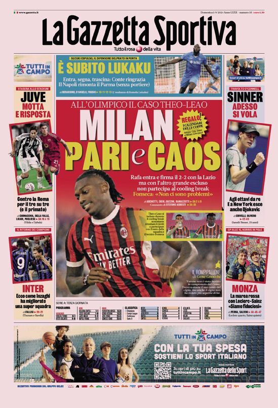 Gazzetta dello Sport prima pagina 
            Edizione di Oggi, Domenica 01 Settembre 2024