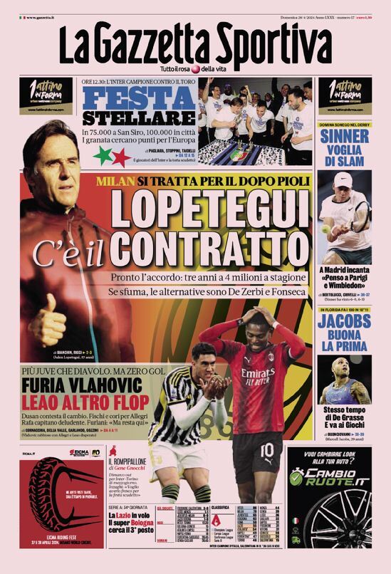 Gazzetta dello Sport prima pagina 
            Edizione di Oggi, Domenica 28 Aprile 2024