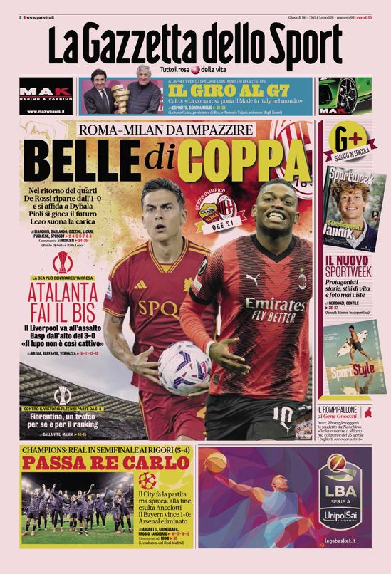 Gazzetta dello Sport prima pagina 
            Edizione di Oggi, Giovedì 18 Aprile 2024