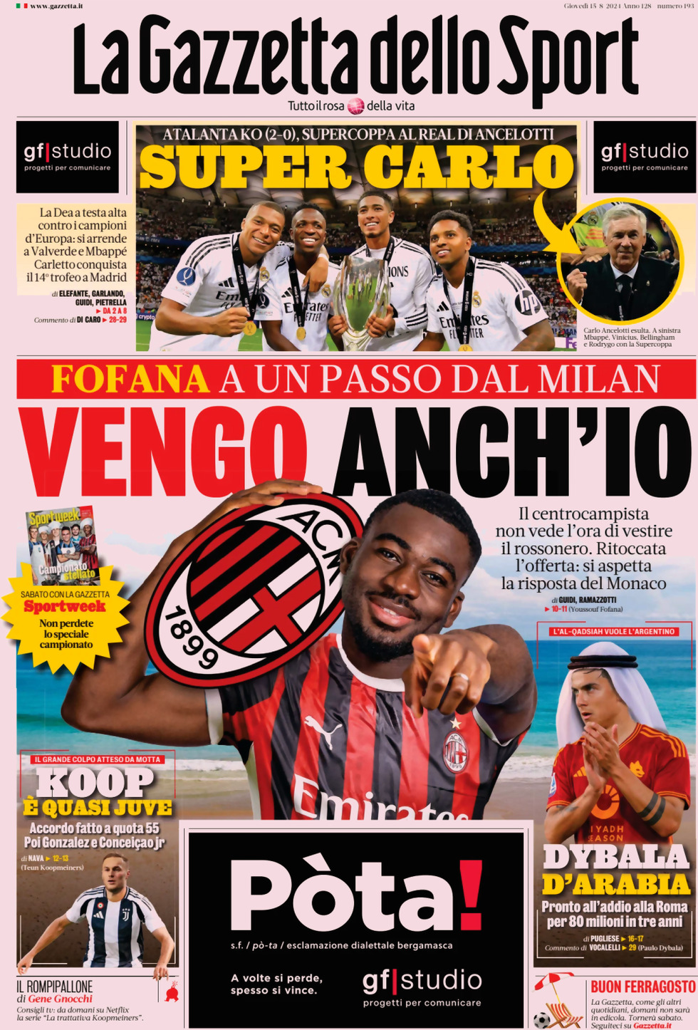 Gazzetta dello Sport Prima Pagina: Edizione di Giovedì 15 Agosto 2024