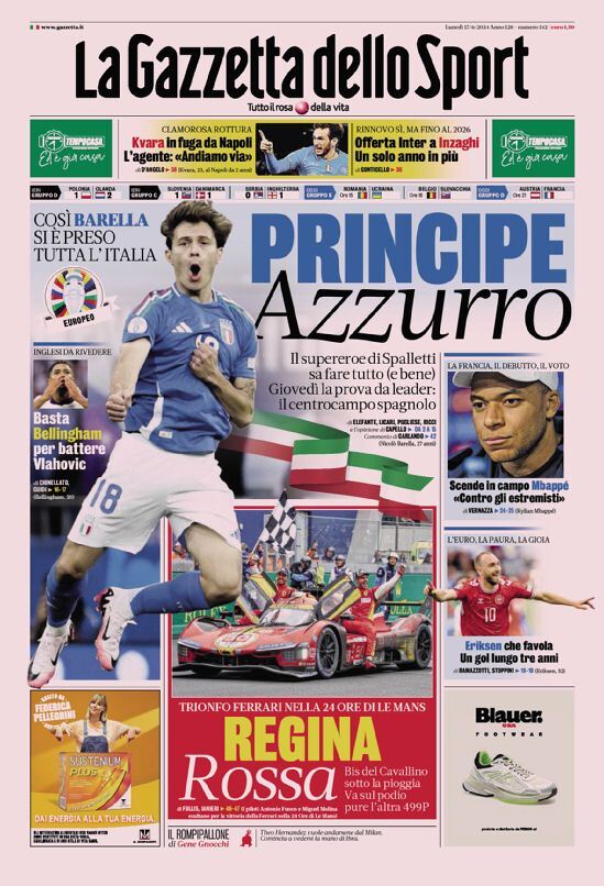 Gazzetta dello Sport Prima Pagina: Edizione di Oggi, Lunedì 17 Giugno 2024