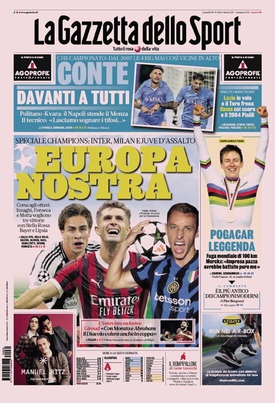 Gazzetta dello Sport prima pagina 
            Edizione di Oggi, Lunedì 30 Settembre 2024