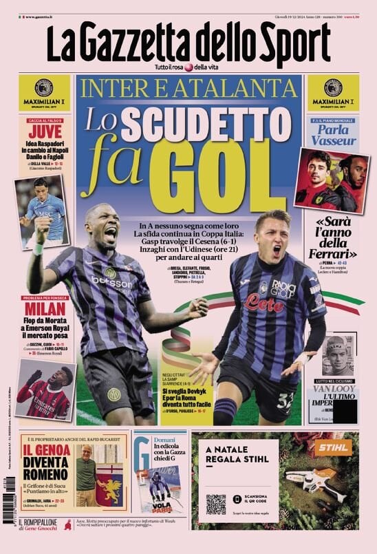 Gazzetta dello Sport prima pagina 
            Edizione di Oggi, Giovedì 19 Dicembre 2024