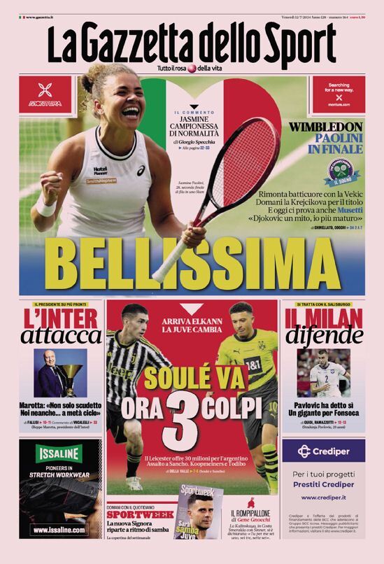 Gazzetta dello Sport prima pagina – Edizione di Oggi, Venerdì 12 Luglio 2024