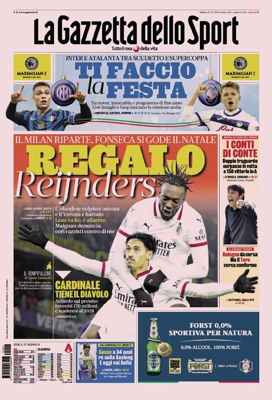 Gazzetta dello Sport prima pagina 
            Edizione di Oggi, Sabato 21 Dicembre 2024