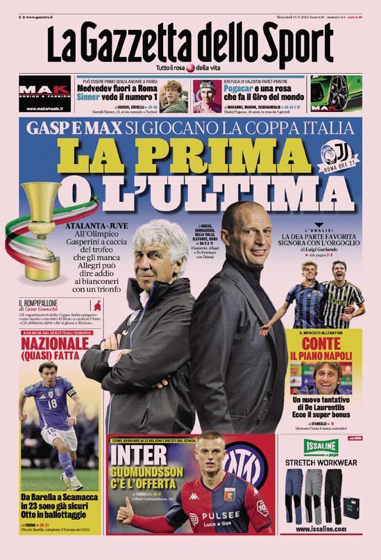 Gazzetta dello Sport prima pagina 
            Edizione di Oggi, Mercoledì 15 Maggio 2024