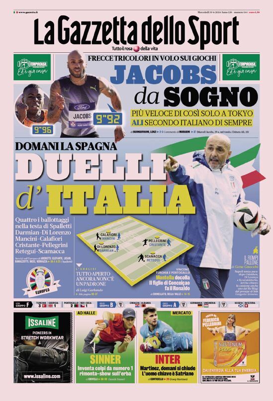 Gazzetta dello Sport Prima Pagina – Edizione di Oggi, Mercoledì 19 Giugno 2024